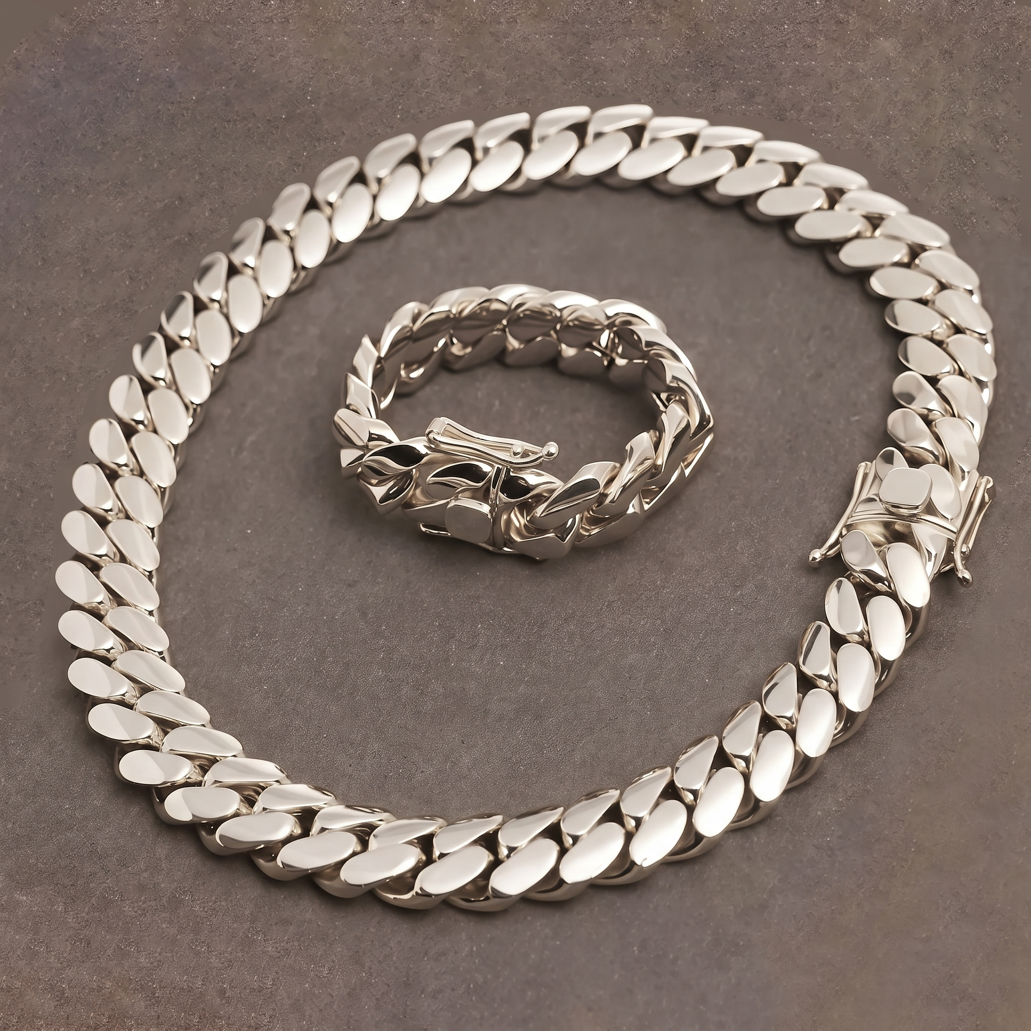 12mm Cuban chain and bracelet set, 18K White Gold